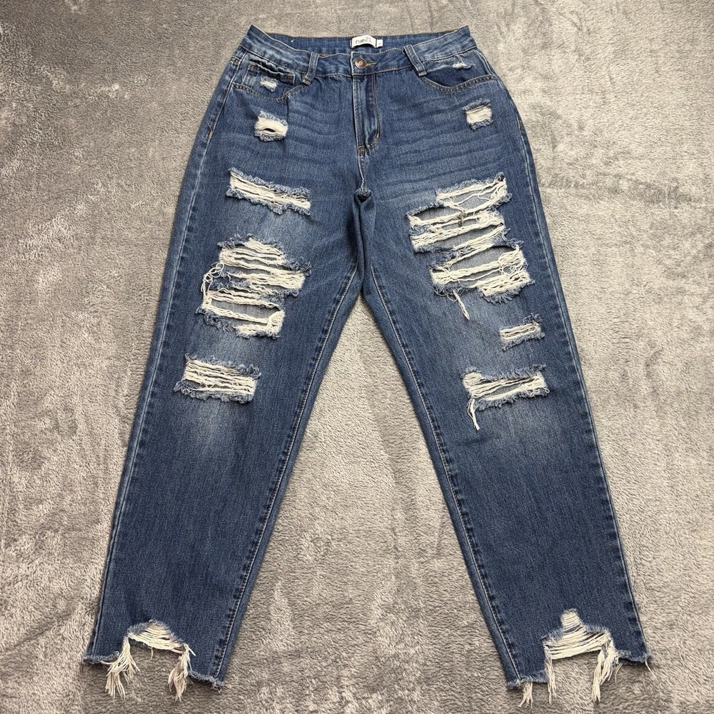 Rue21 Distressed Skinny Jeans Women Size‎ 12 High Rise Blue Denim Raw Hem